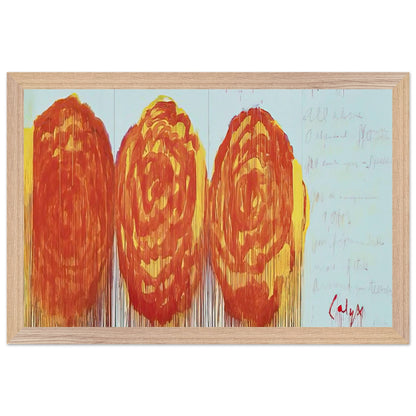 The Rose (II) by Cy Twombly framed art print; featuring three oversized rose-like forms in vibrant orange, fiery red; size A1 (59.4 × 84.1 cm); white frame.