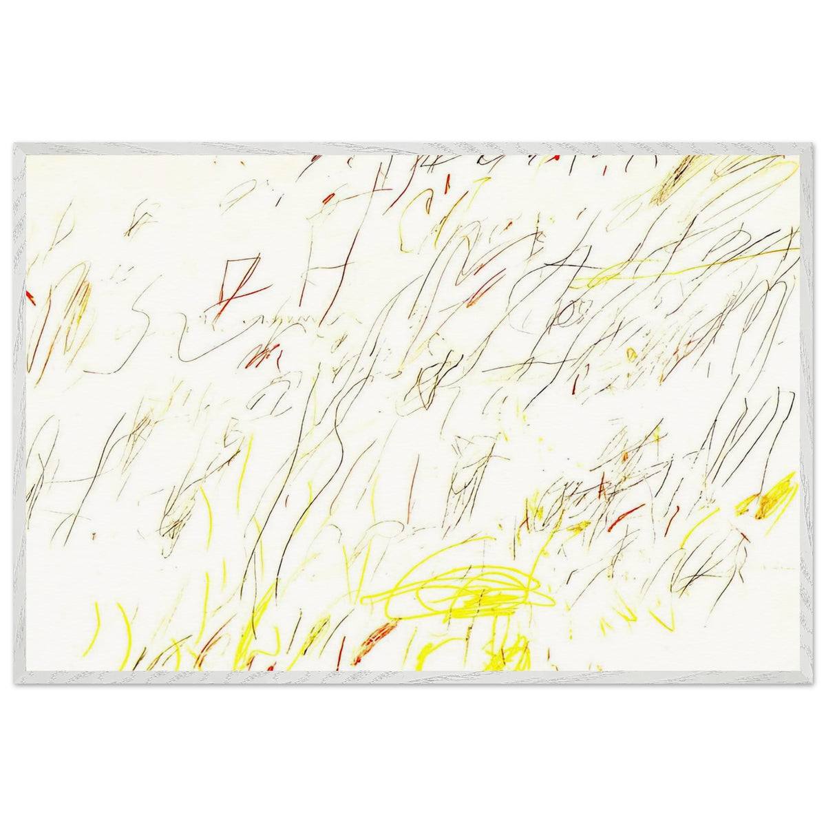 Blue Room by Cy Twombly framed art print; featuring delicate, spontaneous scribbles and gestural lines in shades of black, red, orange; size 800 × 1200 mm (32 × 48 in); black frame.