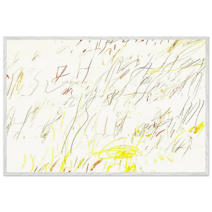 Blue Room by Cy Twombly framed art print; featuring delicate, spontaneous scribbles and gestural lines in shades of black, red, orange; size 800 × 1200 mm (32 × 48 in); black frame.