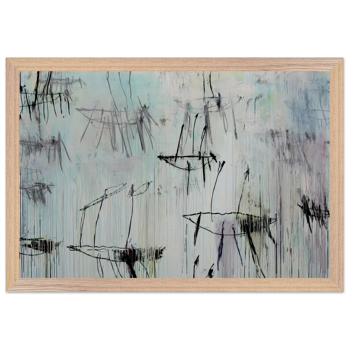 Lepanto, Part V by Cy Twombly framed art print; featuring a pale blue and ivory background, expressive black lines, delicate gray marks, subtle pink undertones; size 30 × 45 cm (12 × 18 in); wood frame.