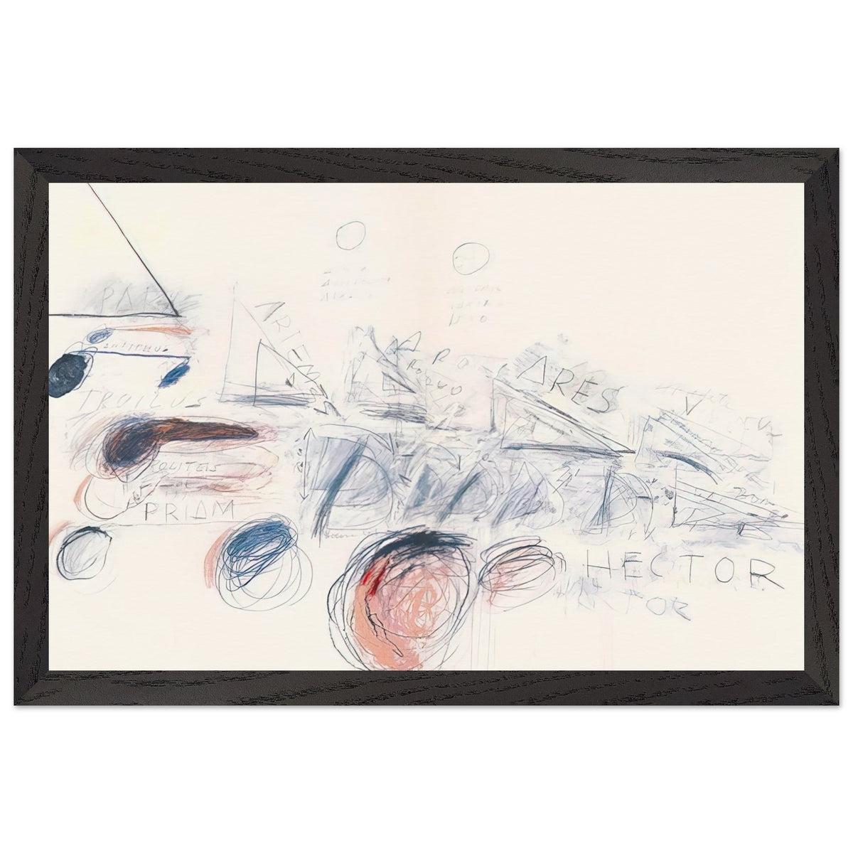 Fifty Days at Iliam: Ilians in Battle by Cy Twombly framed art print; featuring delicate blue-gray lines, energetic red marks, overlapping geometric shapes; size A1 (59.4 × 84.1 cm); black frame.