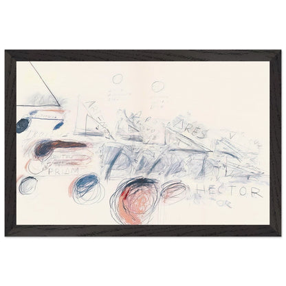 Fifty Days at Iliam: Ilians in Battle by Cy Twombly framed art print; featuring delicate blue-gray lines, energetic red marks, overlapping geometric shapes; size A1 (59.4 × 84.1 cm); black frame.