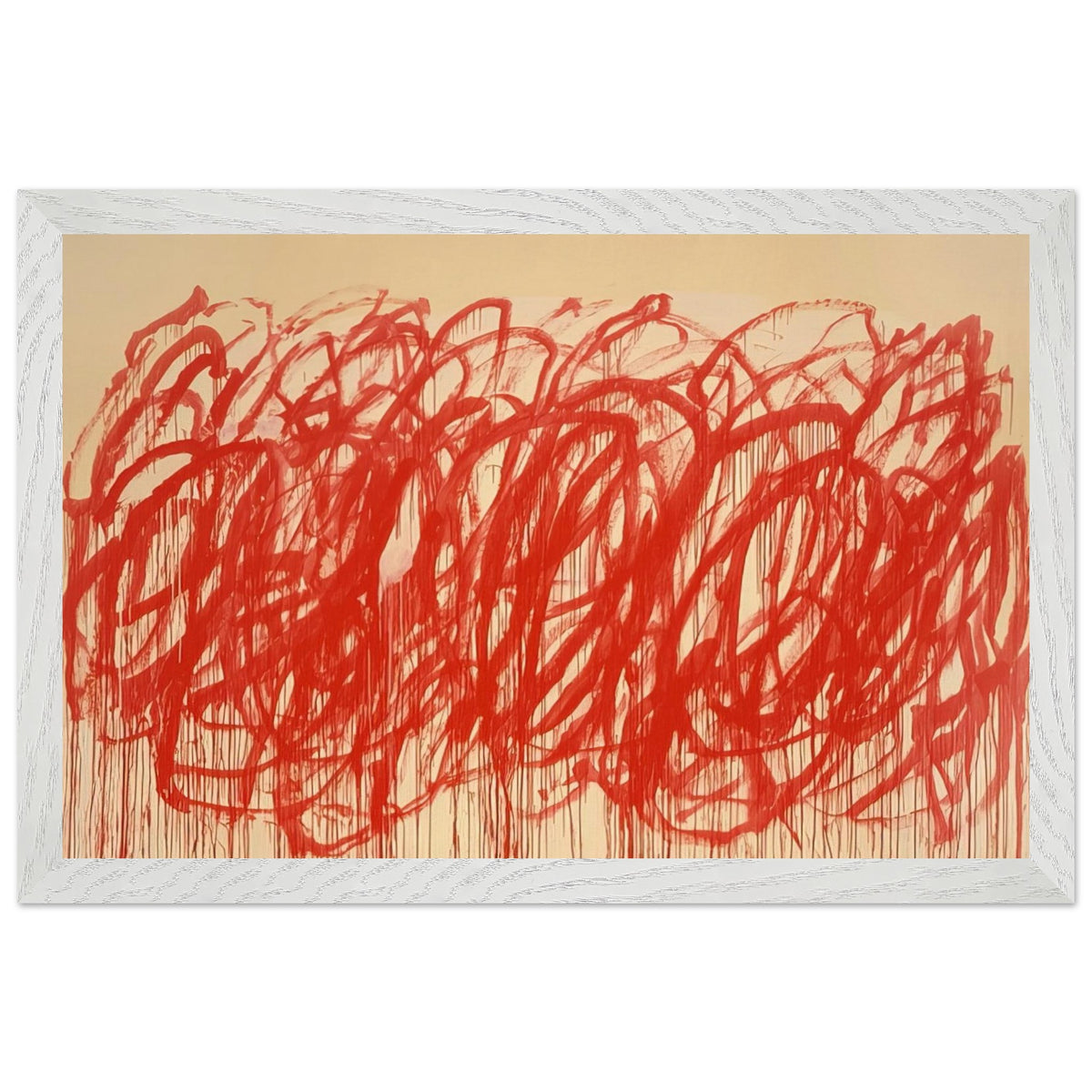 Untitled (Bacchus) by Cy Twombly framed art print; featuring sweeping vermilion-red brushstrokes, overlapping loops, energetic curves; size 60 × 90 cm (24 × 36 in); white frame.