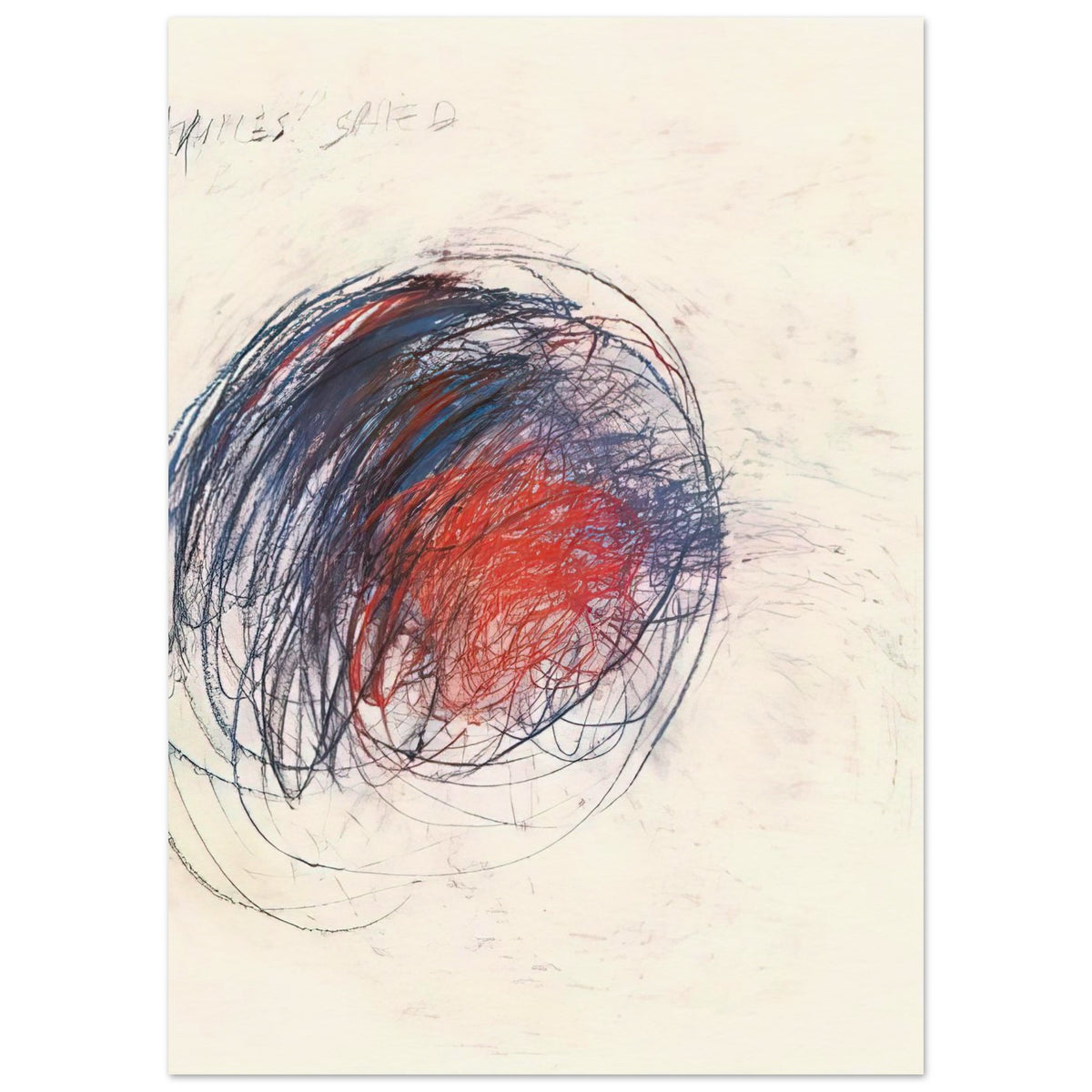 Fifty Days at Iliam: Shield of Achilles by Cy Twombly, poster, 100x150 cm / 40x60″; intricate black lines, expressive red strokes, deep blue accents