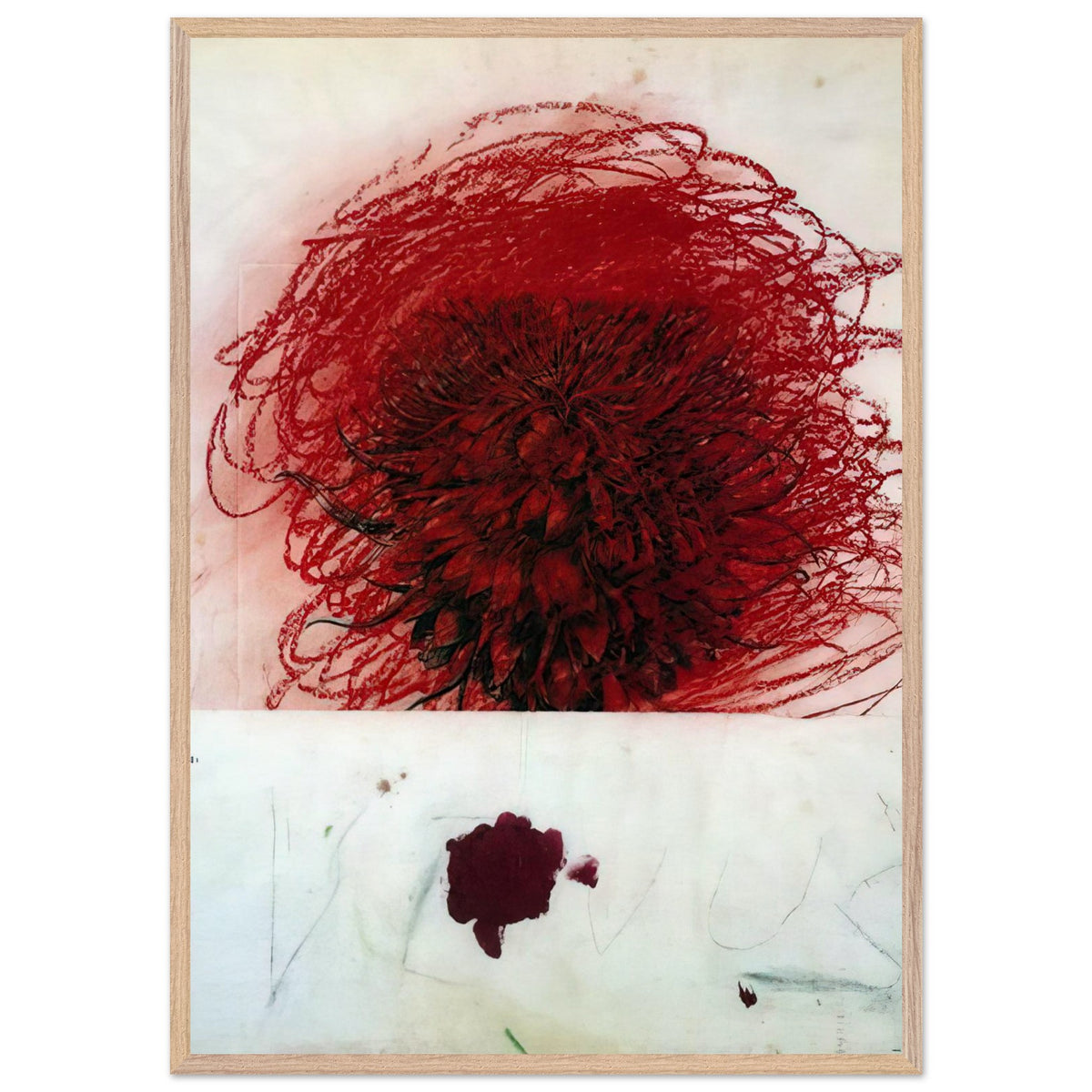 Pan II by Cy Twombly, framed art print, dense red and crimson form, surrounded by sweeping dark strokes and, 50x70 cm (20x28 in), wood frame