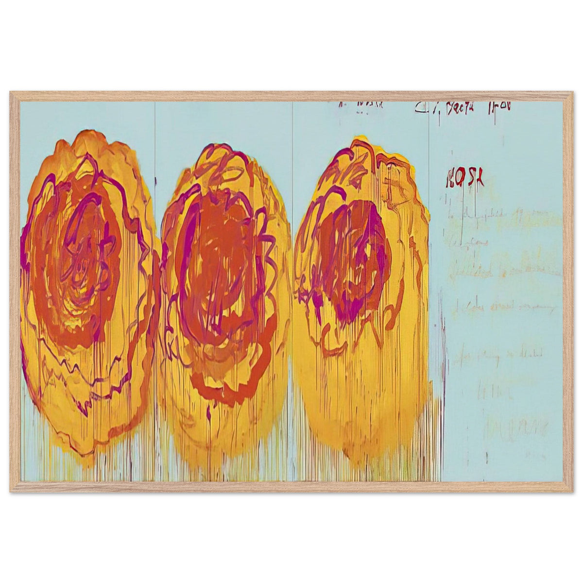 The Rose (I) by Cy Twombly framed art print; featuring three large, abstract rose forms painted in radiant golden yellow, fiery orange, deep red; size 60 × 90 cm (24 × 36 in); black frame.
