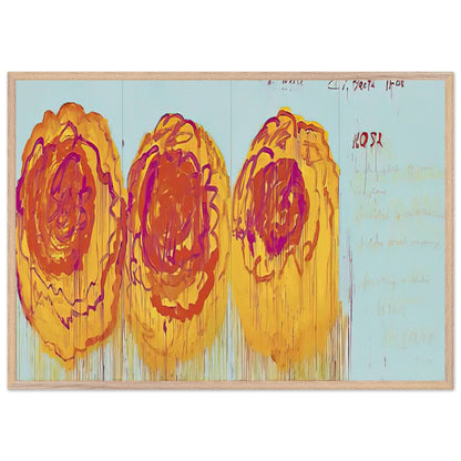 The Rose (I) by Cy Twombly framed art print; featuring three large, abstract rose forms painted in radiant golden yellow, fiery orange, deep red; size 60 × 90 cm (24 × 36 in); black frame.