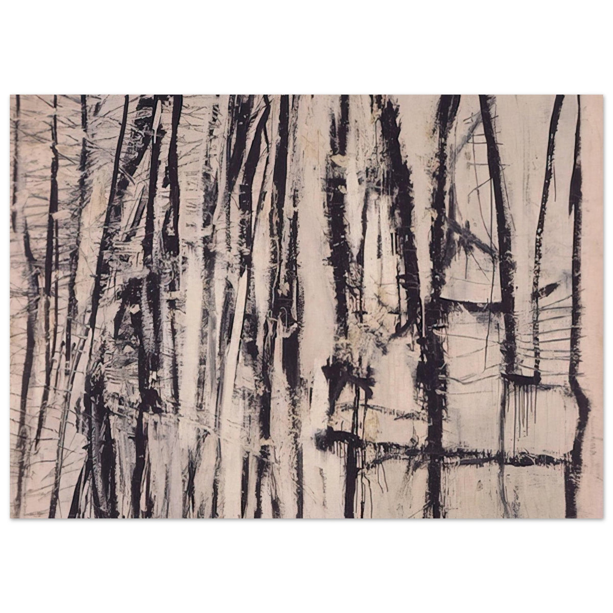 Quarzazat by Cy Twombly poster, 100 × 150 cm / 40 × 60 in: This atmospheric composition features a dense arrangement of vertical black and dark brown marks against….