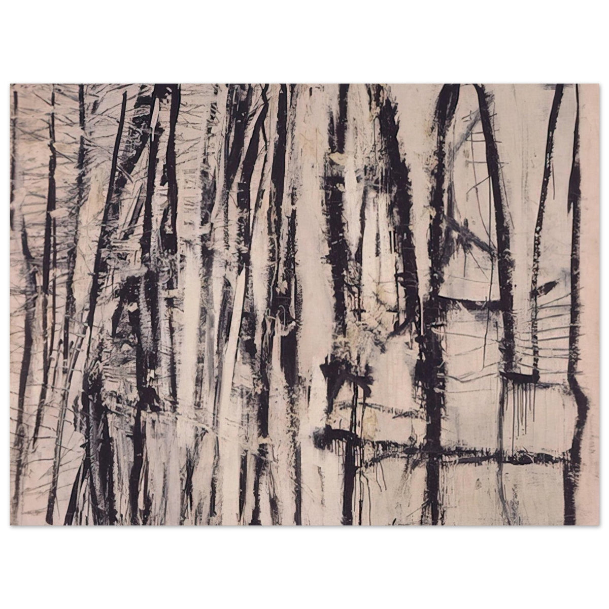 Quarzazat by Cy Twombly poster, 40 × 60 cm / 16 × 24 in: This atmospheric composition features a dense arrangement of vertical black and dark brown marks against….