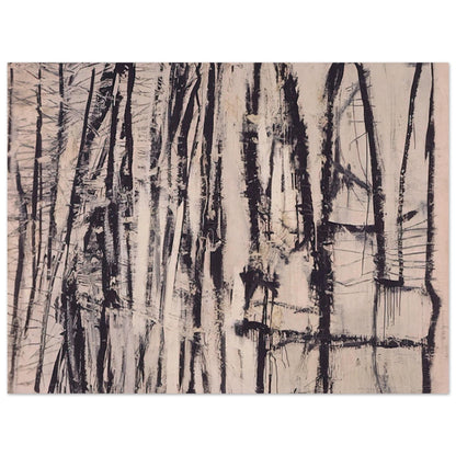 Quarzazat by Cy Twombly poster, 40 × 60 cm / 16 × 24 in: This atmospheric composition features a dense arrangement of vertical black and dark brown marks against….