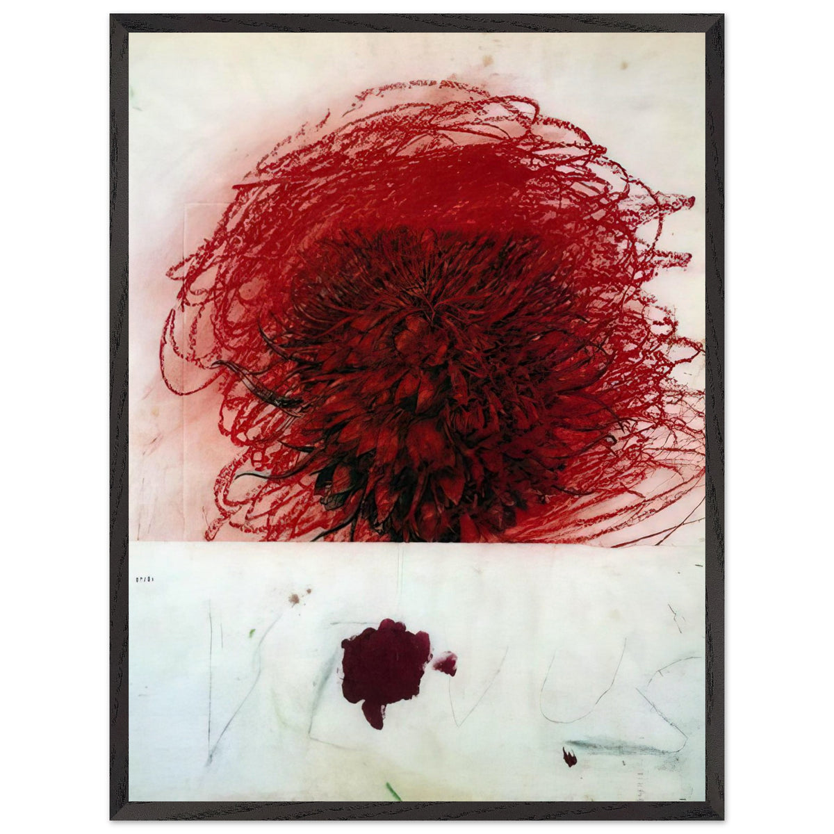 Pan II by Cy Twombly, framed art print, dense red and crimson form, surrounded by sweeping dark strokes and, 50x70 cm (20x28 in), black frame