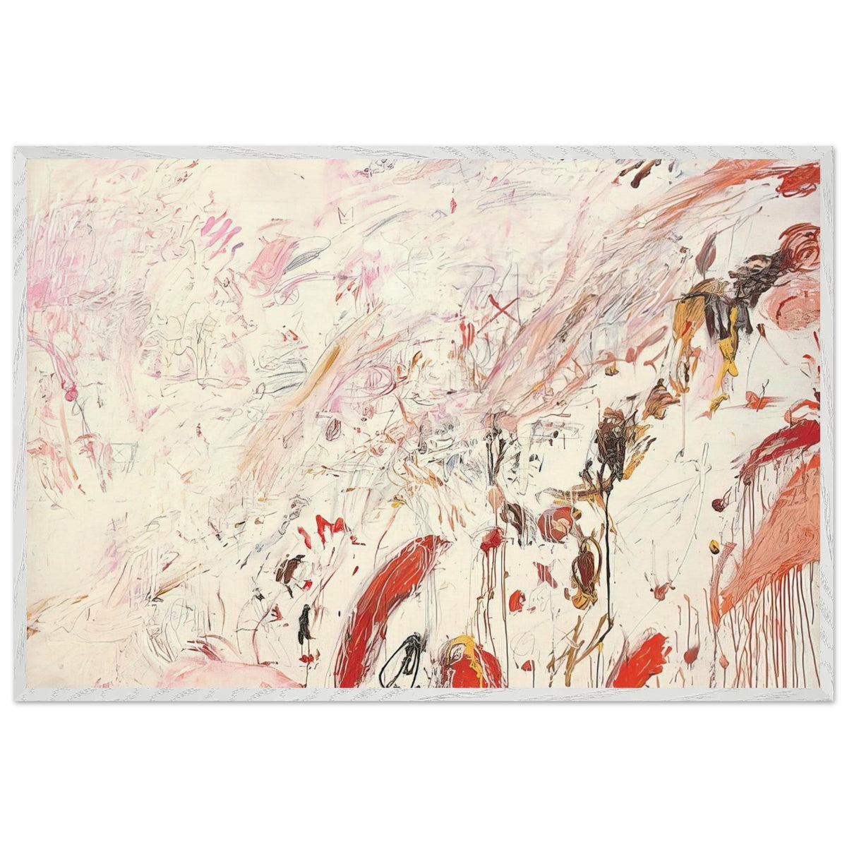 Ferragosto III by Cy Twombly framed art print; featuring energetic brushstrokes, delicate scribbles, and layered gestures in shades of red, pink, rust, orange, ochre; size 28 × 43 cm (11 × 17 in); black frame.