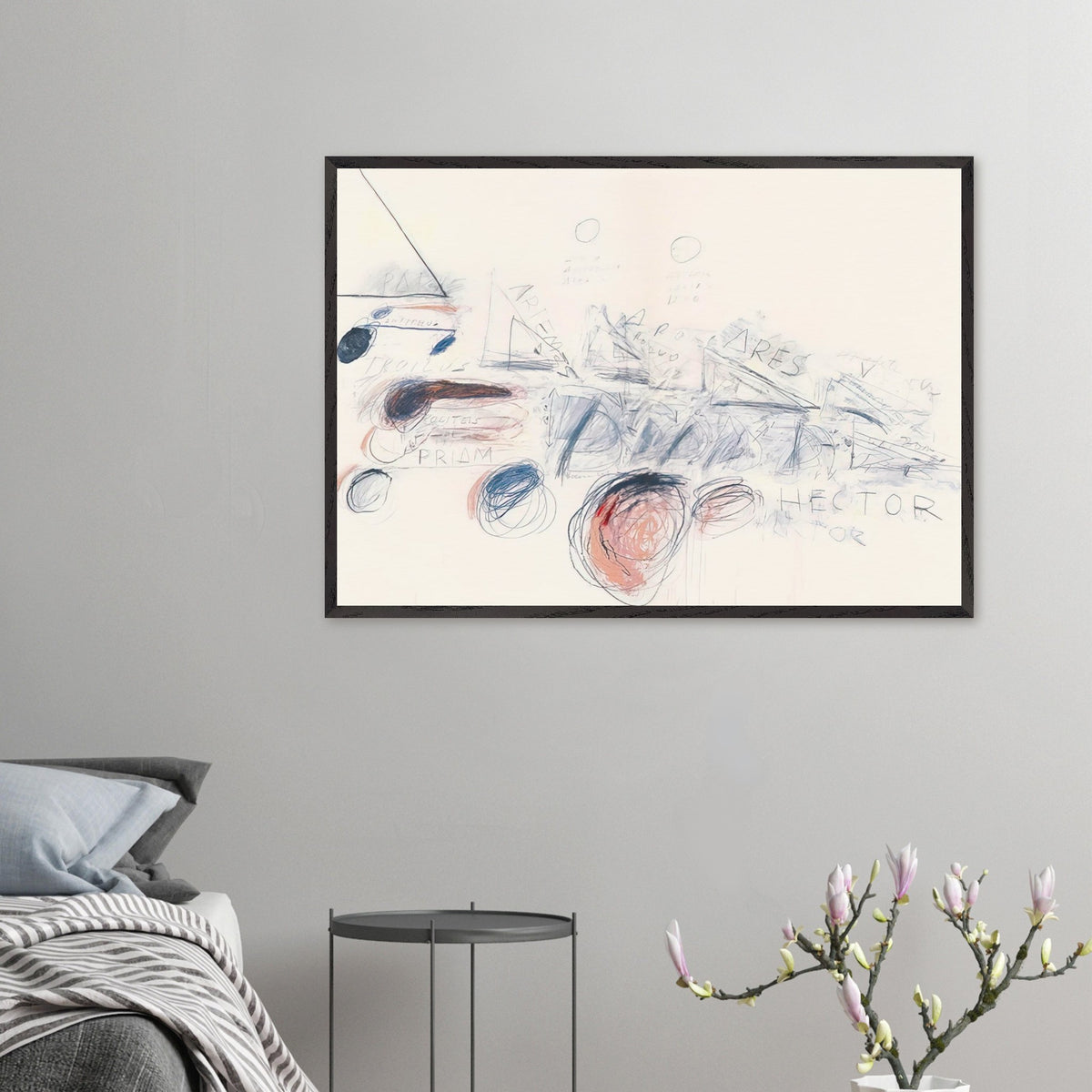 Fifty Days at Iliam: Ilians in Battle by Cy Twombly framed art print; featuring delicate blue-gray lines, energetic red marks, overlapping geometric shapes.