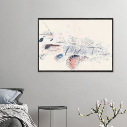 Fifty Days at Iliam: Ilians in Battle by Cy Twombly framed art print; featuring delicate blue-gray lines, energetic red marks, overlapping geometric shapes.
