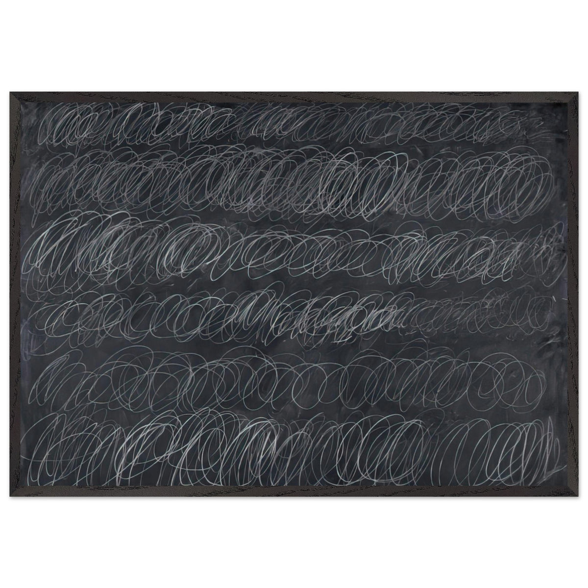 Cold Stream by Cy Twombly framed art print; featuring dense, repeating white and gray scribbled lines arranged in horizontal rows across a deep charcoal-gray; size 800 × 1200 mm (32 × 48 in); white frame.