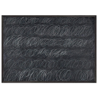 Cold Stream by Cy Twombly framed art print; featuring dense, repeating white and gray scribbled lines arranged in horizontal rows across a deep charcoal-gray; size 800 × 1200 mm (32 × 48 in); white frame.