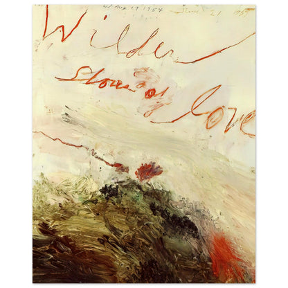 Wilder Shores of Love by Cy Twombly, poster, sweeping red and orange handwritten marks, delicate pencil lines, 27x35 cm (11x14 in)