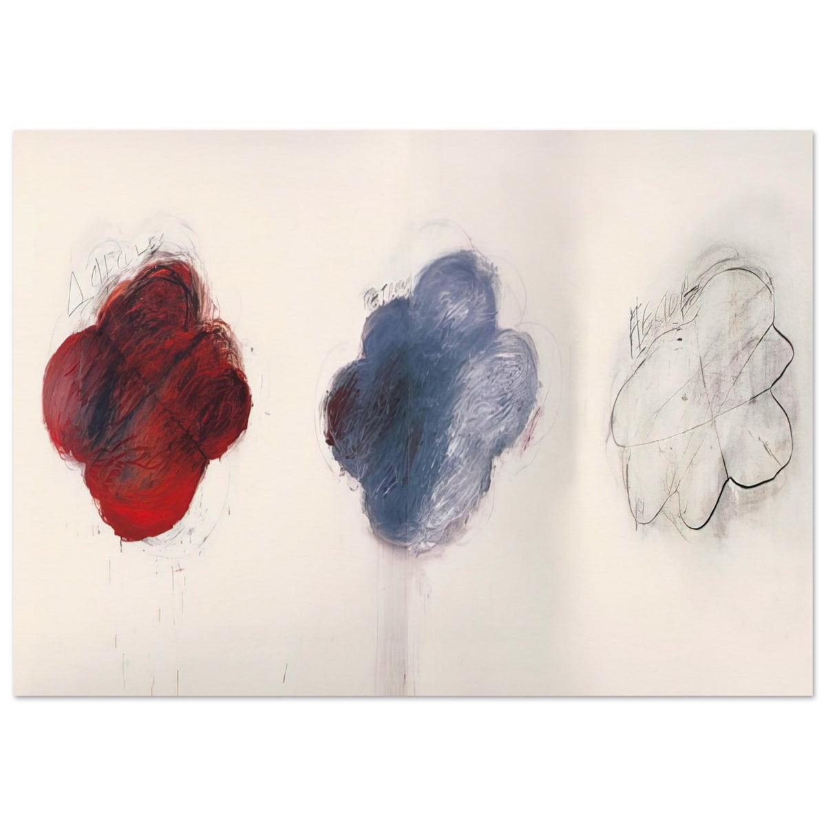 Fifty Days at Iliam: Shades of Achilles, Patroclus, and Hector by Cy Twombly poster, 30 × 40 cm / 12 × 16 in: three cloud-like forms arranged across a pale background: a rich red shape on the left….