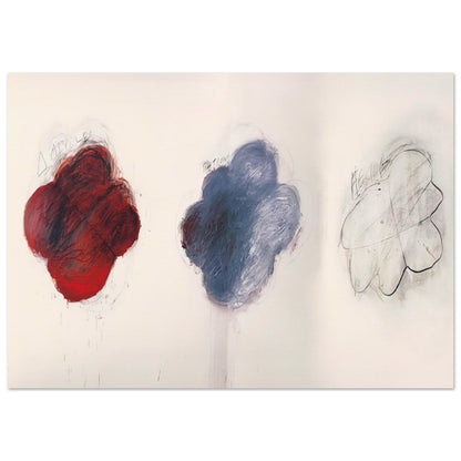 Fifty Days at Iliam: Shades of Achilles, Patroclus, and Hector by Cy Twombly poster, 30 × 40 cm / 12 × 16 in: three cloud-like forms arranged across a pale background: a rich red shape on the left….