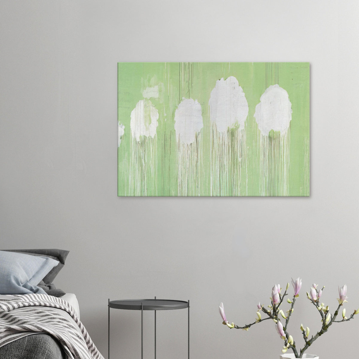 Untitled (Peony Blossom Painting) by Cy Twombly canvas print: soft white, cloud-like blossom forms against a pale green background.