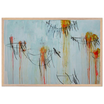 Lepanto, Part II by Cy Twombly framed art print; featuring a luminous turquoise-blue background, energetic black gestural lines, and vivid accents of yellow, orange; size 50 × 70 cm (20 × 28 in); black frame.