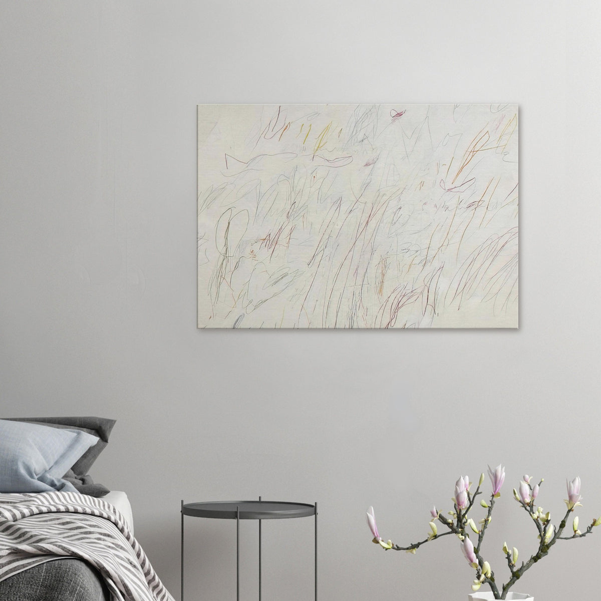Olympia by Cy Twombly canvas print: a pale ivory background covered with delicate linear gestures, spontaneous scribbles, overlapping forms….