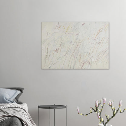 Olympia by Cy Twombly canvas print: a pale ivory background covered with delicate linear gestures, spontaneous scribbles, overlapping forms….