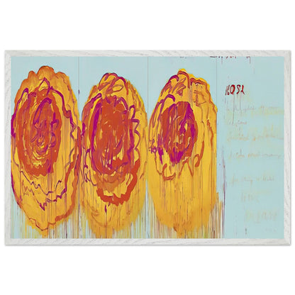 The Rose (I) by Cy Twombly framed art print; featuring three large, abstract rose forms painted in radiant golden yellow, fiery orange, deep red; size 70 × 100 cm (28 × 40 in); wood frame.