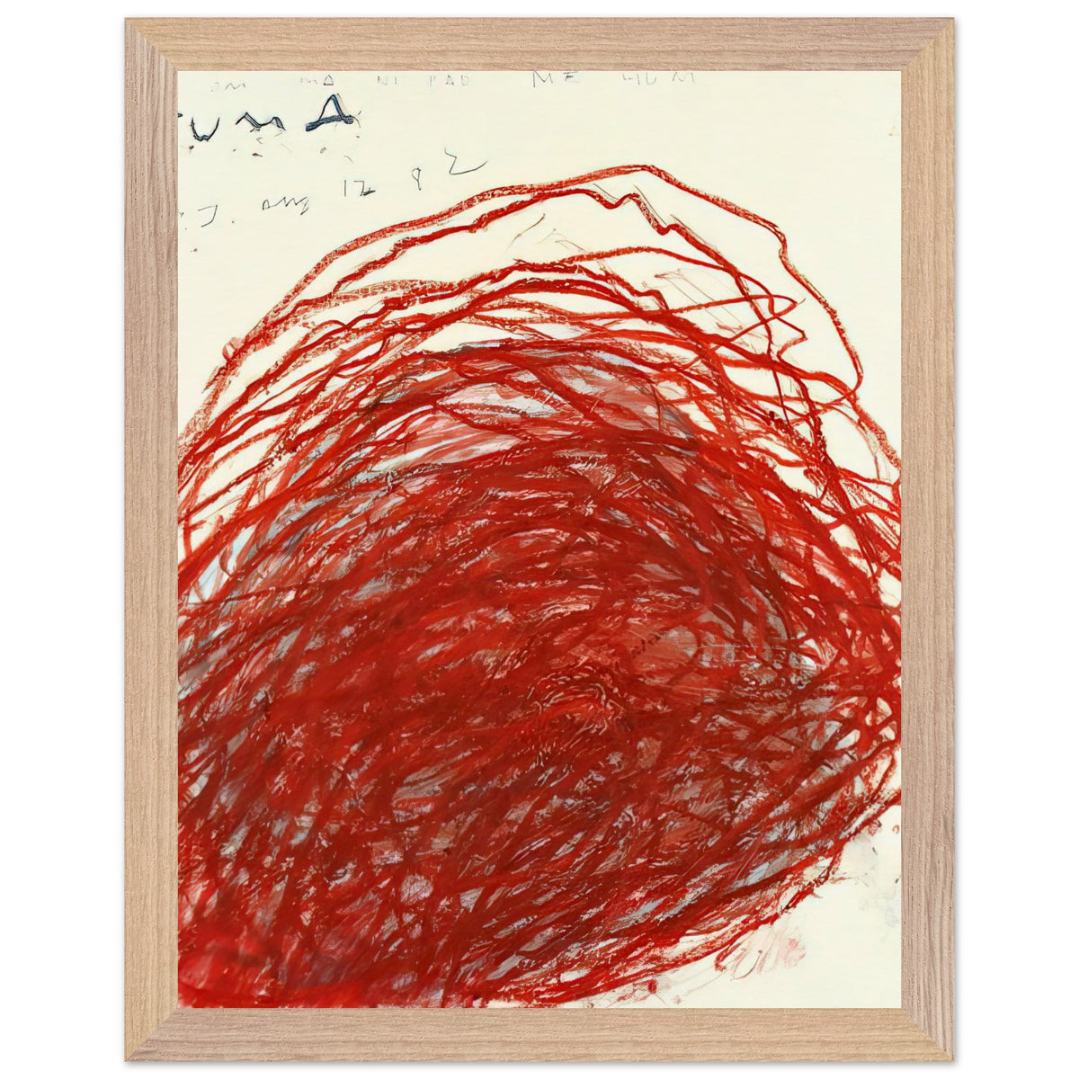 Suma by Cy Twombly, framed art print, sweeping red and crimson lines that overlap and curve across a warm, 50x70 cm (20x28 in), wood frame