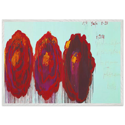 The Rose (IV) by Cy Twombly framed art print; featuring three oversized rose forms in deep crimson, fiery red, rich burgundy, and vivid violet; size 50 × 70 cm (20 × 28 in); white frame.