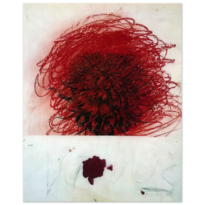 Pan II by Cy Twombly, poster, intense red composition with dense dark brushstrokes and swirling, 27x35 cm (11x14 in)