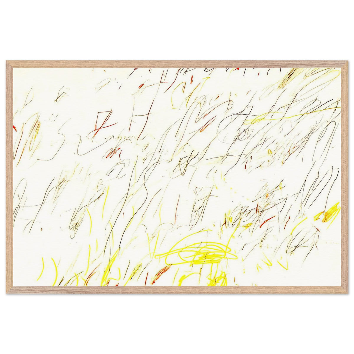 Blue Room by Cy Twombly framed art print; featuring delicate, spontaneous scribbles and gestural lines in shades of black, red, orange; size 30 × 45 cm (12 × 18 in); white frame.