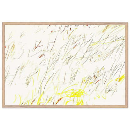 Blue Room by Cy Twombly framed art print; featuring delicate, spontaneous scribbles and gestural lines in shades of black, red, orange; size 30 × 45 cm (12 × 18 in); white frame.