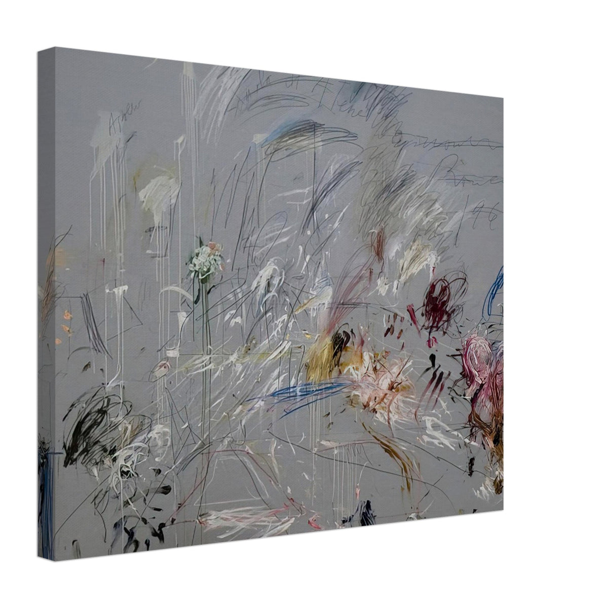 School of Athens by Cy Twombly canvas print, 60 × 90 cm / 24 × 36 in: a muted gray background layered with spontaneous scribbles, energetic linear gestures….