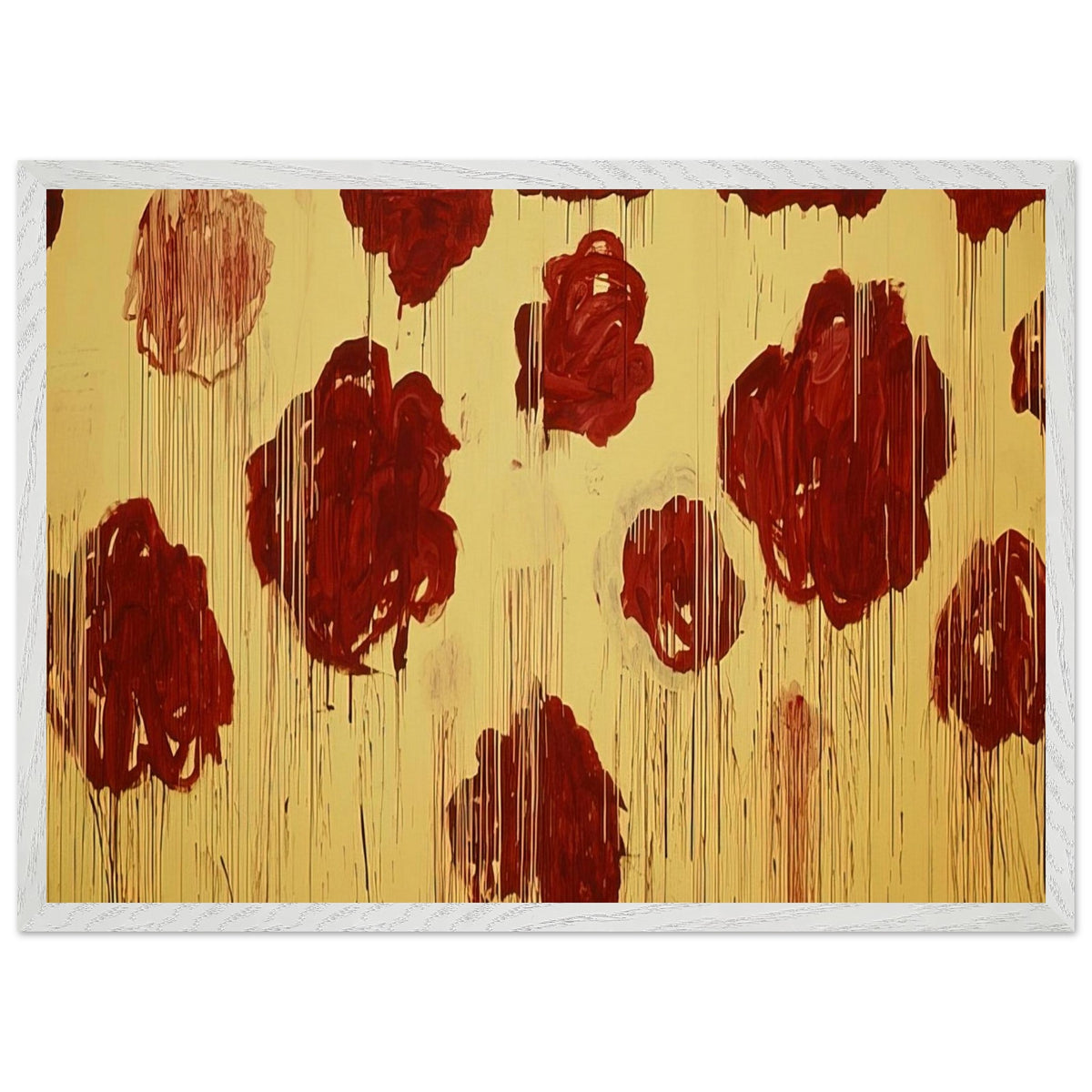 Untitled (Blooming, A Scattering of Blossoms & Other Things) by Cy Twombly framed art print; featuring vivid crimson-red and deep burgundy blossoms scattered across a luminous golden-yellow background; size 30 × 45 cm (12 × 18 in); black frame.