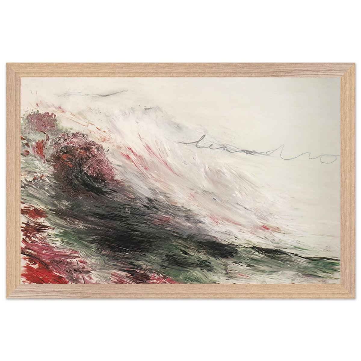 Hero and Leandro (A Painting in Four Parts) Part I by Cy Twombly framed art print; featuring sweeping white and pale gray brushstrokes, layered charcoal and black marks, subtle green tones; size 30 × 45 cm (12 × 18 in); black frame.