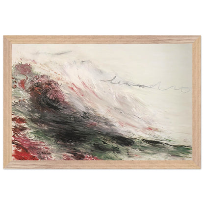 Hero and Leandro (A Painting in Four Parts) Part I by Cy Twombly framed art print; featuring sweeping white and pale gray brushstrokes, layered charcoal and black marks, subtle green tones; size 30 × 45 cm (12 × 18 in); black frame.