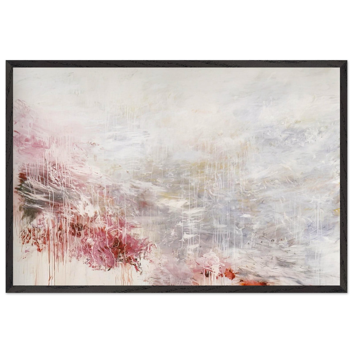 Hero and Leander (To Christopher Marlowe) [Rome] by Cy Twombly framed art print; featuring delicate washes of white, soft pink, dusty rose, and muted gray; size 70 × 100 cm (28 × 40 in); white frame.