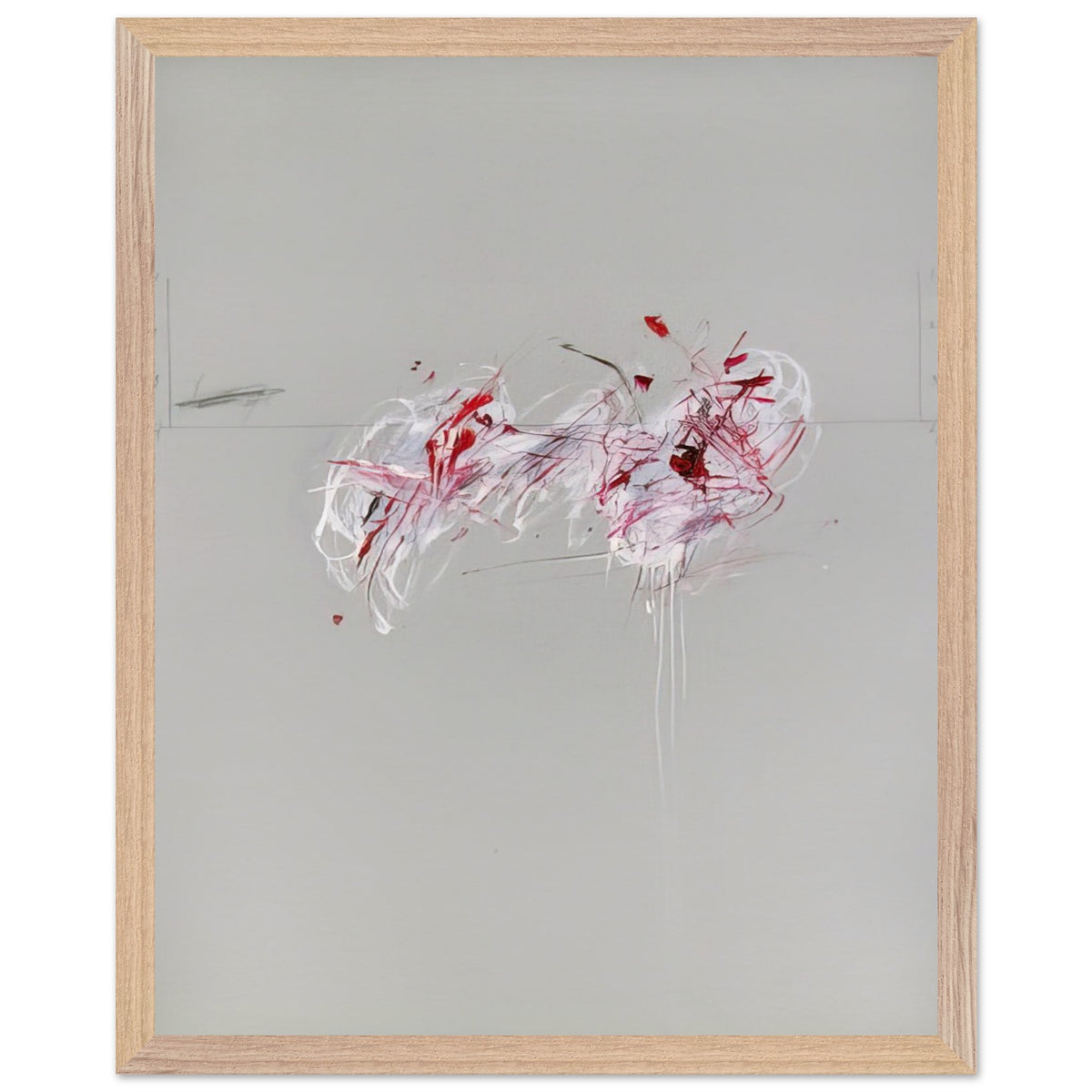 Nine Discourses on Commodus, Part II by Cy Twombly, framed art print, 60x80 cm / 24x32″, Wood frame; a restrained gray background, expressive red and crimson forms