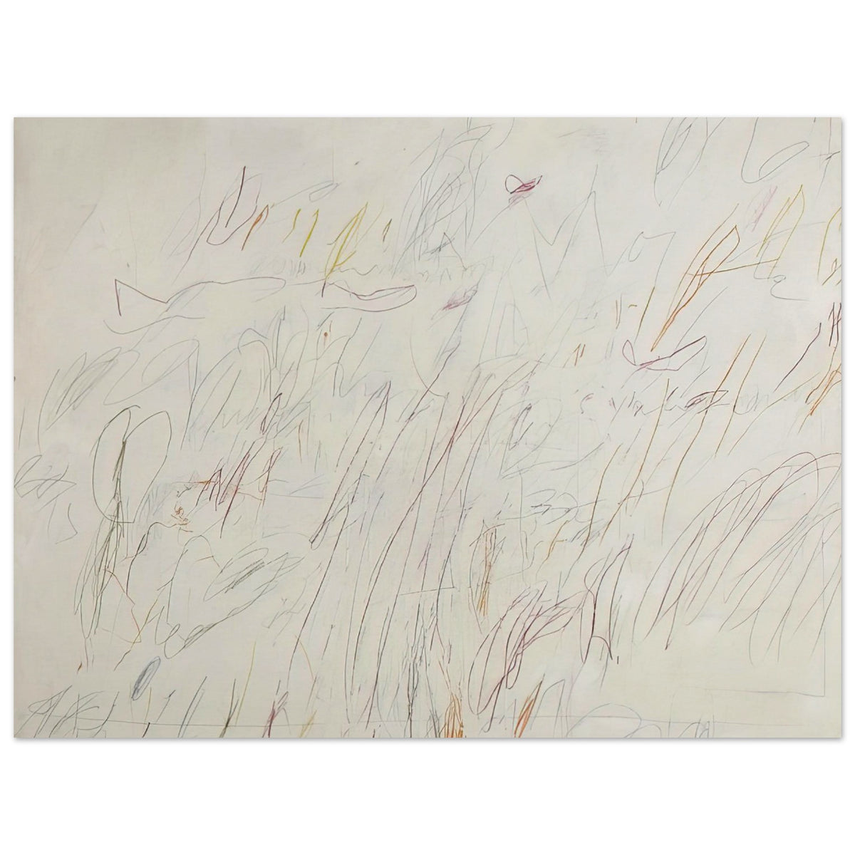Olympia by Cy Twombly poster, 100 × 150 cm / 40 × 60 in: This expressive composition features a pale ivory background covered with delicate pencil-like lines….