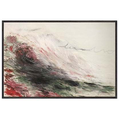 Hero and Leandro (A Painting in Four Parts) Part I by Cy Twombly framed art print; featuring sweeping white and pale gray brushstrokes, layered charcoal and black marks, subtle green tones; size 50 × 70 cm (20 × 28 in); wood frame.
