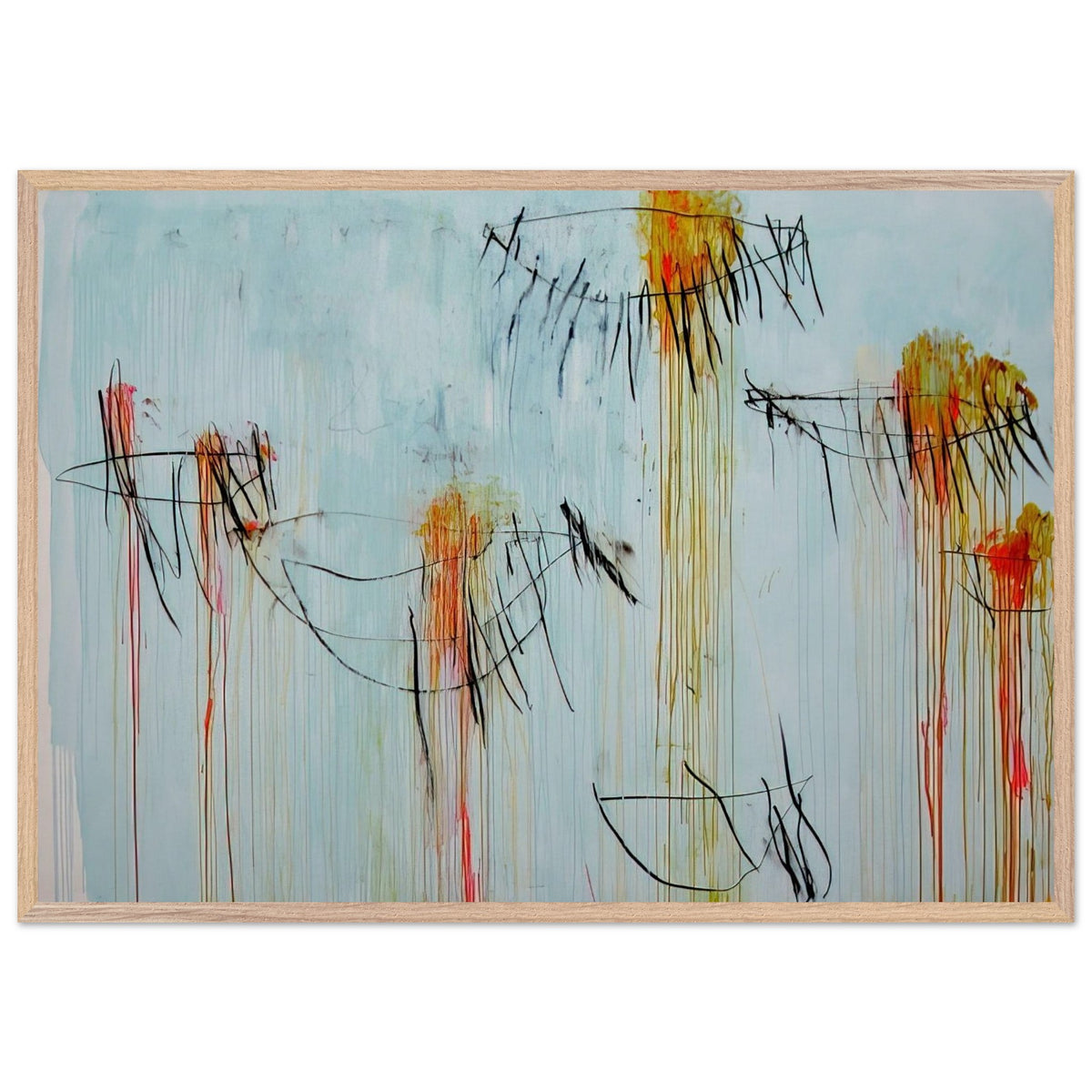 Lepanto, Part II by Cy Twombly framed art print; featuring a luminous turquoise-blue background, energetic black gestural lines, and vivid accents of yellow, orange; size 60 × 90 cm (24 × 36 in); wood frame.