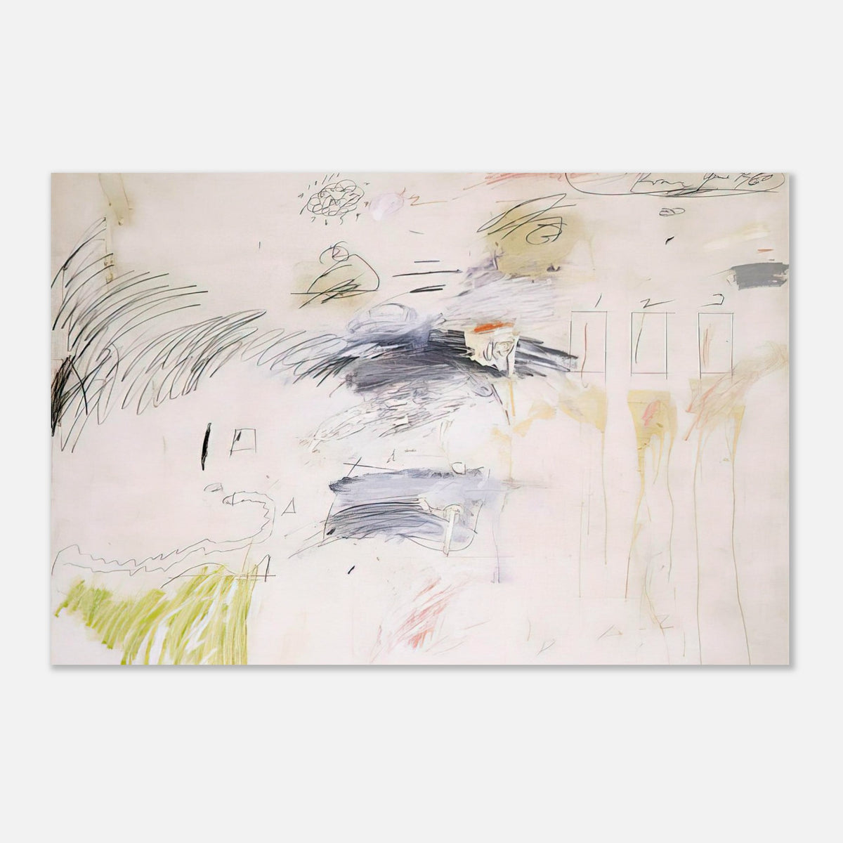 Untitled (Rome, June 1960) by Cy Twombly poster: This expressive composition features a warm off-white background scattered with spontaneous pencil-like….