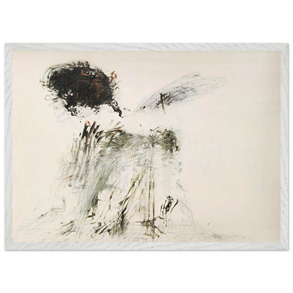 Ides of March by Cy Twombly framed art print; featuring a dramatic mass of black and dark brown marks in the upper-left area, delicate gray lines, earthy green accents; size 60 × 90 cm (24 × 36 in); black frame.