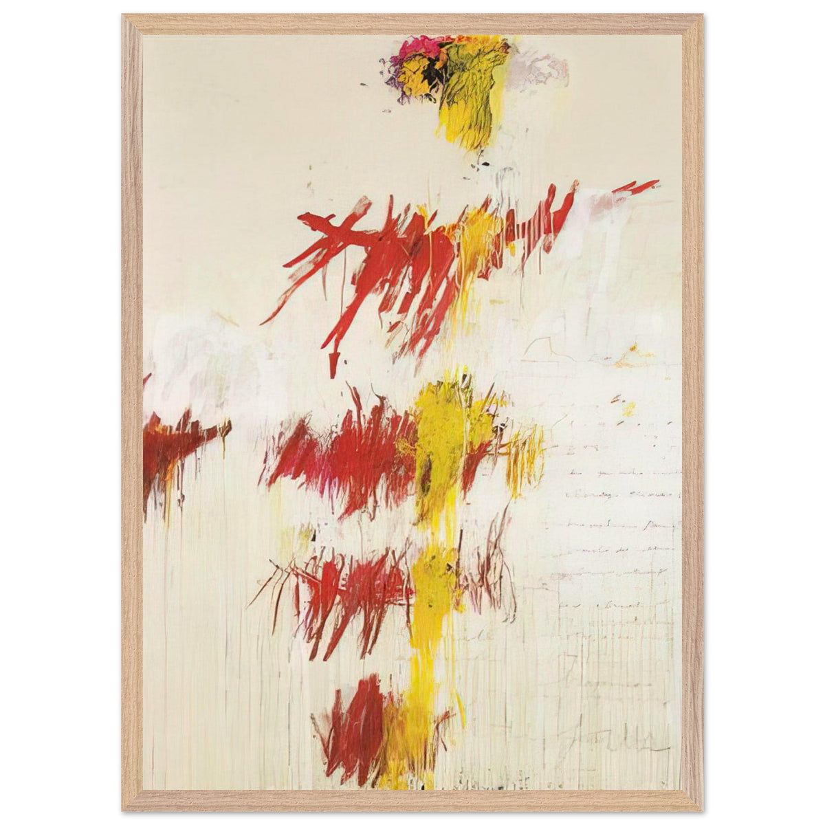 Quattro Stagioni II. Primavera by Cy Twombly, framed art print, energetic red and crimson brushstrokes, luminous yellow accents, 40x50 cm (16x20 in), black frame