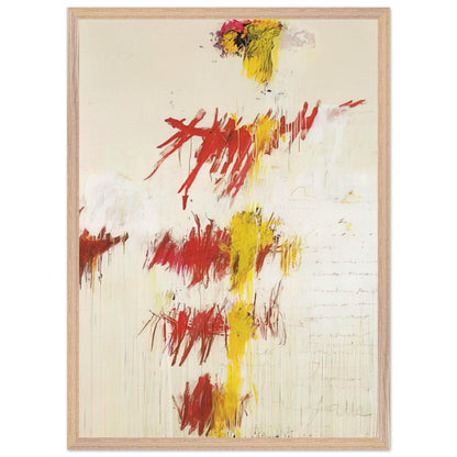 Quattro Stagioni II. Primavera by Cy Twombly, framed art print, energetic red and crimson brushstrokes, luminous yellow accents, 40x50 cm (16x20 in), black frame