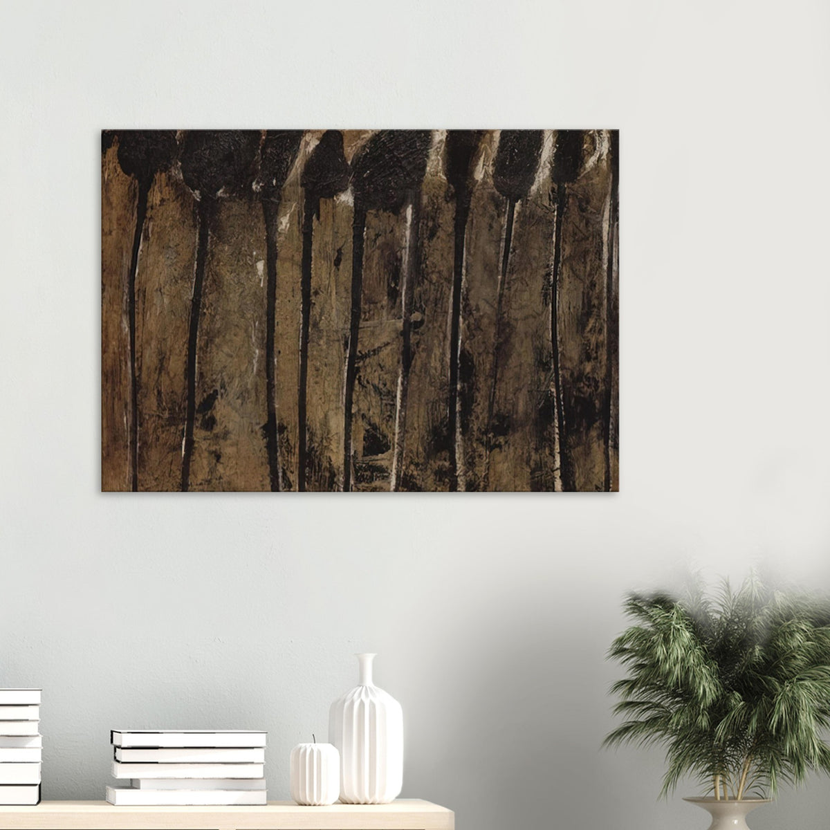 Solon I by Cy Twombly canvas print: This striking composition features elongated black and dark brown forms set against a textured background….