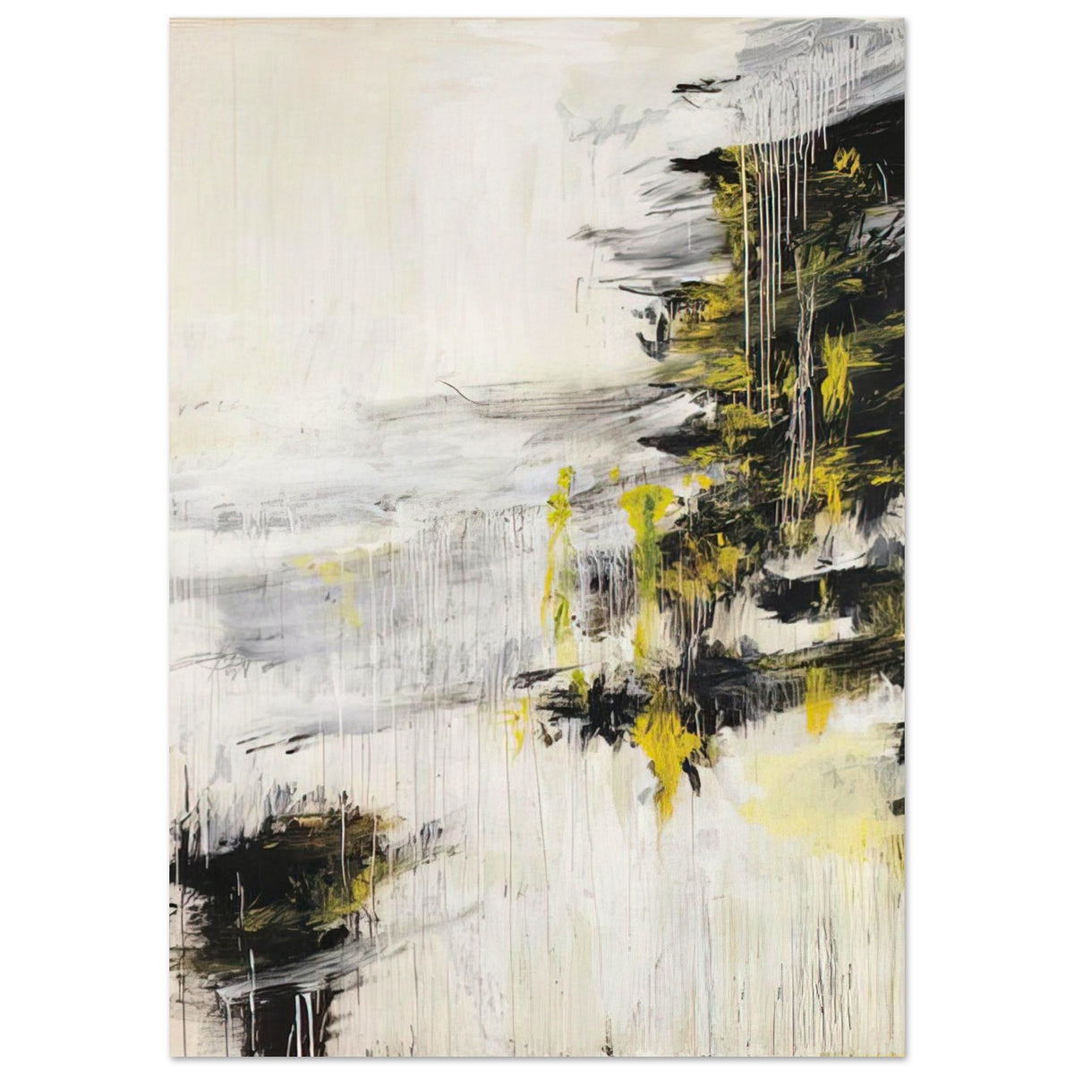 Quattro Stagioni II. Inverno by Cy Twombly, poster, bold black brushstrokes, flowing white and gray paint, 75x100 cm (30x40 in)
