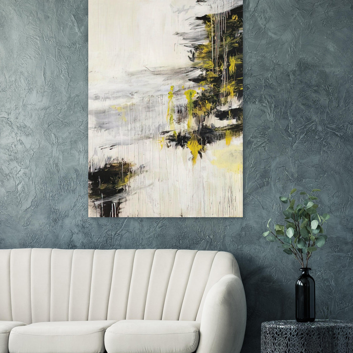 Quattro Stagioni II. Inverno by Cy Twombly, poster, bold black brushstrokes, flowing white and gray paint
