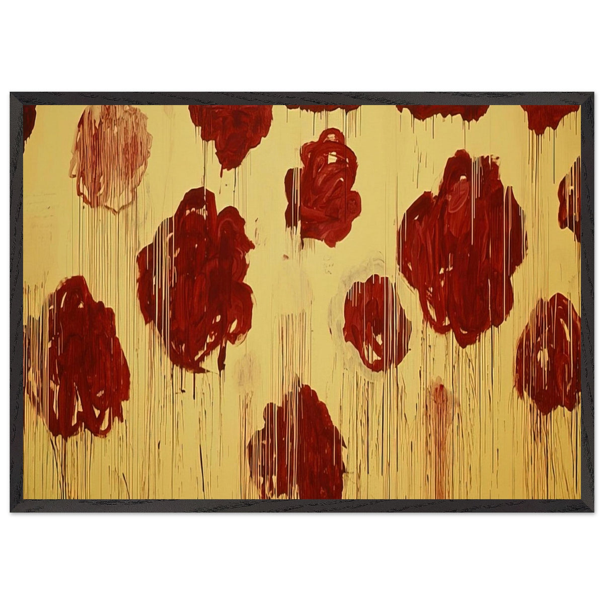 Untitled (Blooming, A Scattering of Blossoms & Other Things) by Cy Twombly framed art print; featuring vivid crimson-red and deep burgundy blossoms scattered across a luminous golden-yellow background; size 30 × 45 cm (12 × 18 in); white frame.